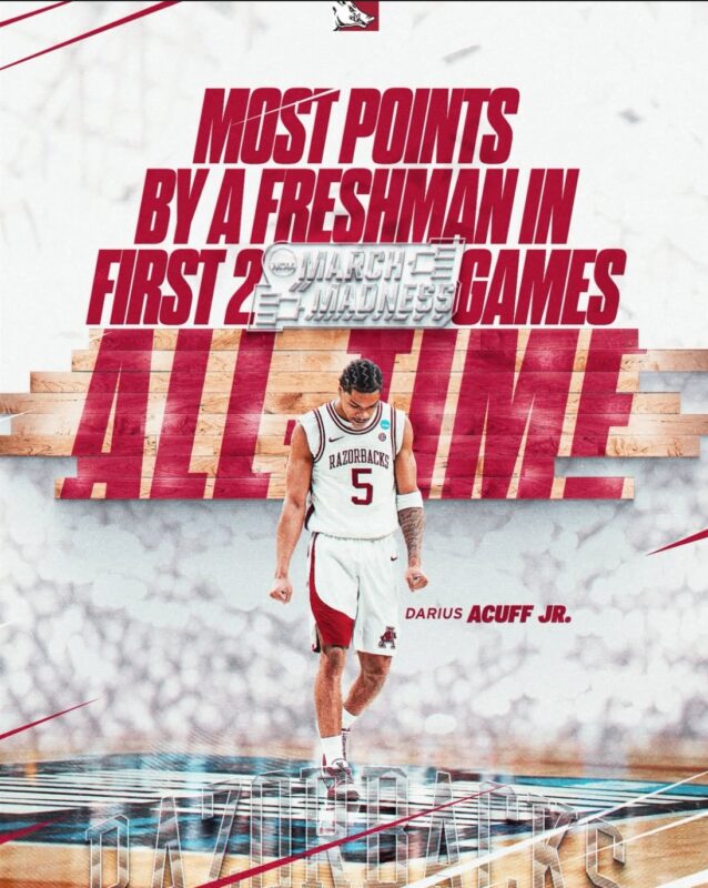 Darius Acuff Jr. Sets Record Most Points By A Freshman In First 2 Games With 60 Points for Arkansas Razorbacks