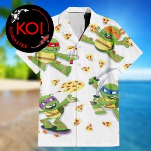 Teenage Mutant Ninja Turtles Leo Raph Donnie Mikey Pizza Pattern White Hawaiian Shirt